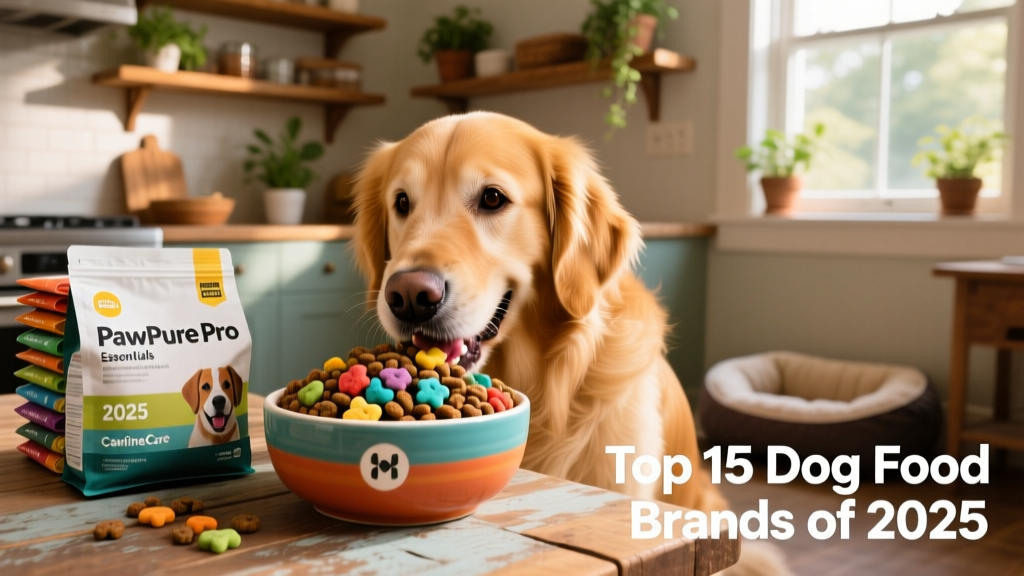 A happy golden retriever eating from a colorful bowl filled with high-quality dry kibble