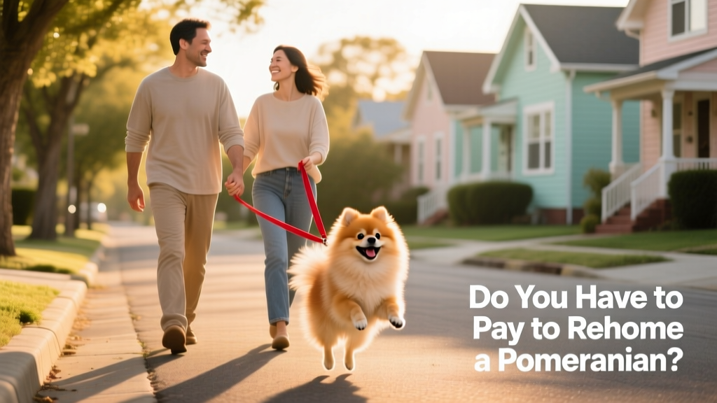 Two people gently walking a cheerful Pomeranian on a sunny neighborhood street, representing a smooth, positive transition to a new home