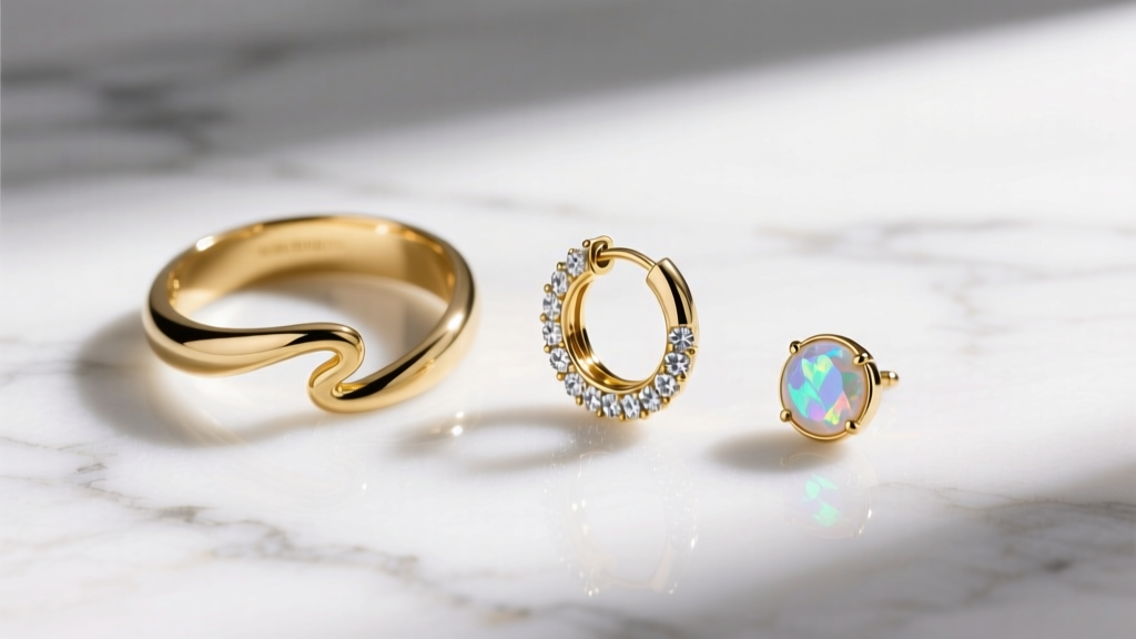 Flat lay of a 3 earring set with a gold helix cuff, diamond huggie, and opal stud on marble under soft natural lighting.