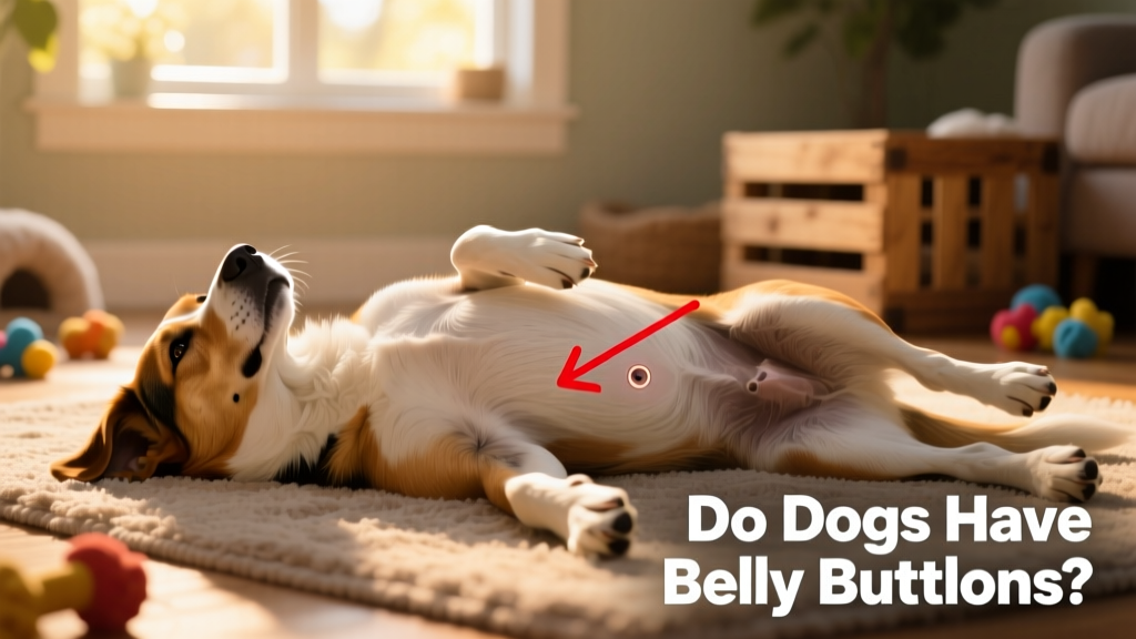 Illustration of a dog lying on its back with an arrow pointing to the lower abdominal area where the belly button is located