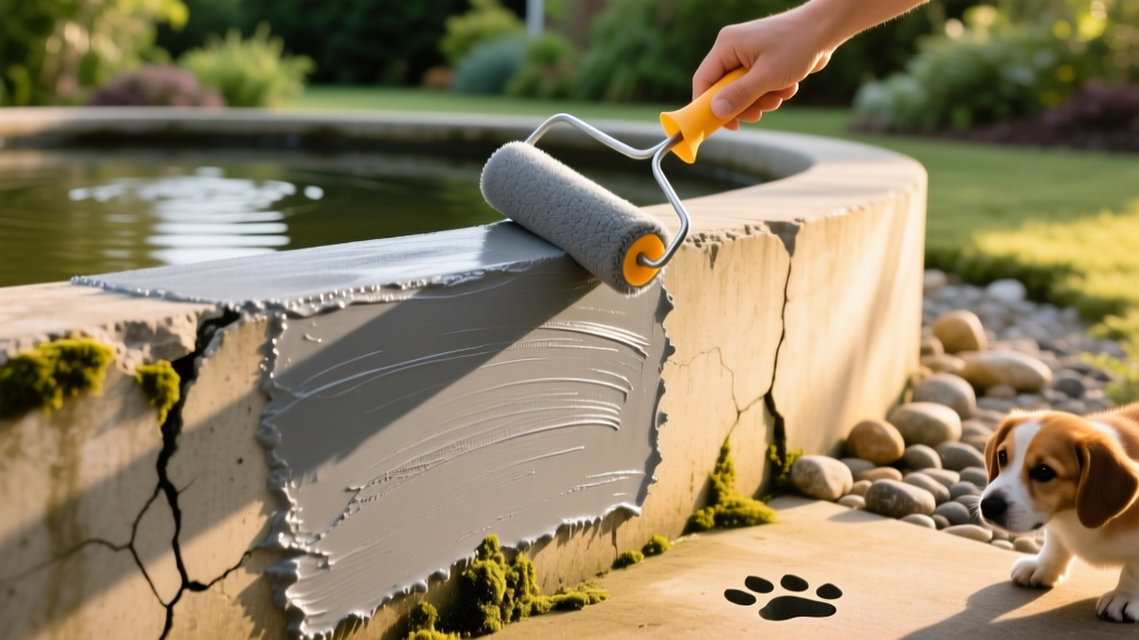 Close-up of a concrete pond wall being coated with a smooth, matte gray pond sealer using a roller