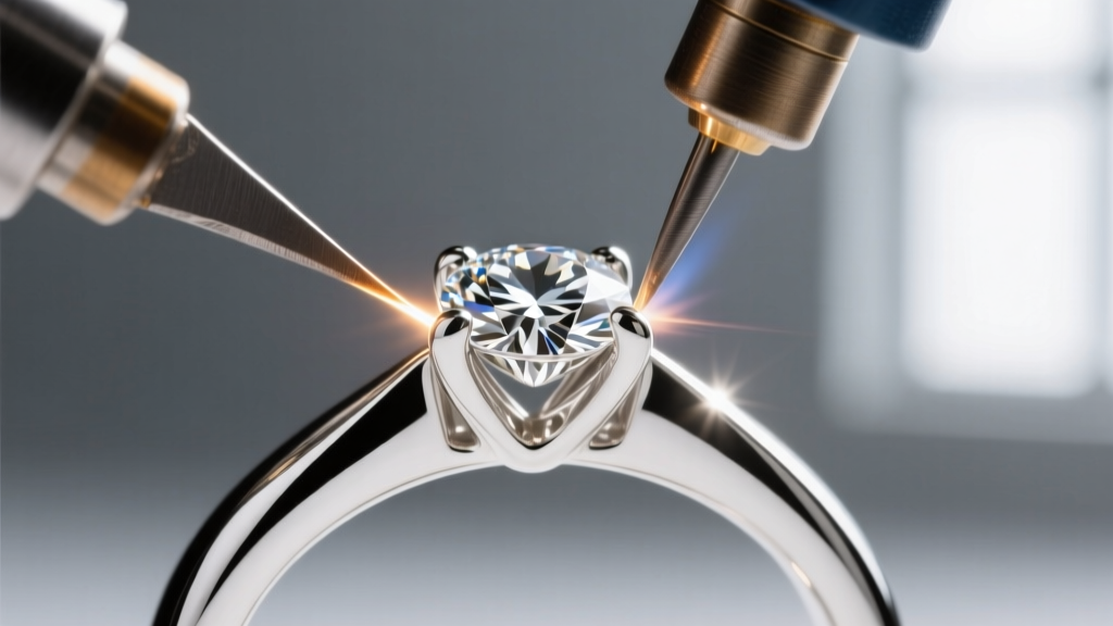 Macro shot of a laser welder repairing a 14k white gold prong on a diamond ring, showing the precise metallic weld seam under magnification