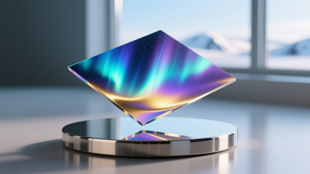 Photo showing nanometer thin Aurora Borealis PVD coating layered over highly polished implant grade titanium metal base in studio