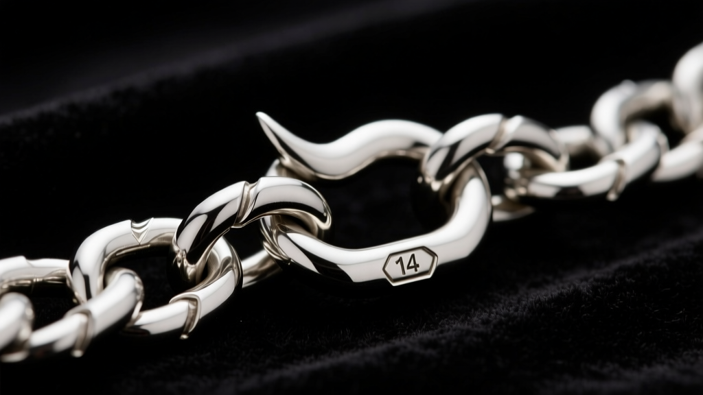 Close-up of a 14-gauge sterling silver shepherd hook clasp on a heavy Cuban link chain, showing the tension fit against dark velvet.