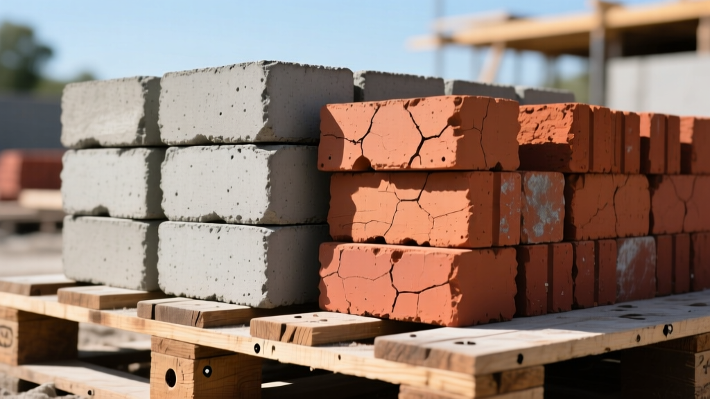 Close-up of stacked concrete Portland cement bricks and red clay bricks side-by-side on a wooden pallet at an active masonry construction site