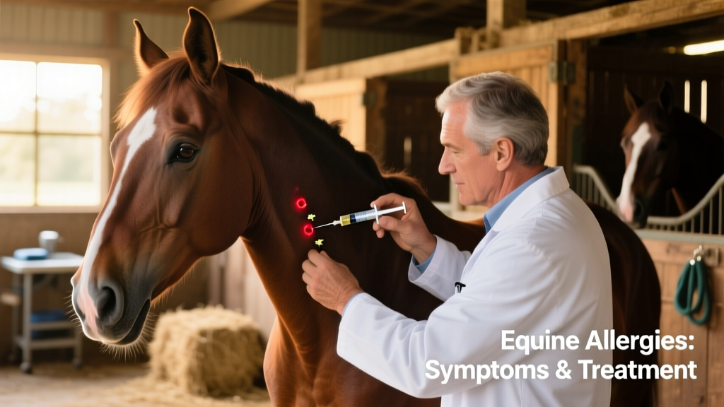 Veterinarian performing a skin test on a horse's neck, gently injecting small amounts of allergens to assess localized reactions