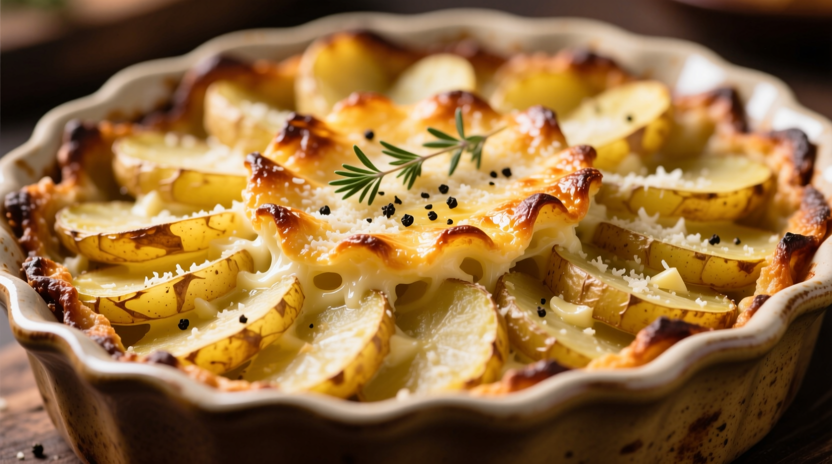 Golden scalloped potato casserole with crispy edges