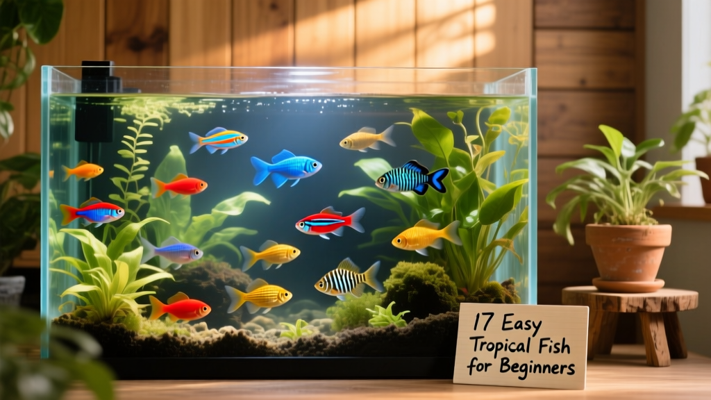 A vibrant community aquarium with colorful tropical fish swimming among live plants and gentle water flow
