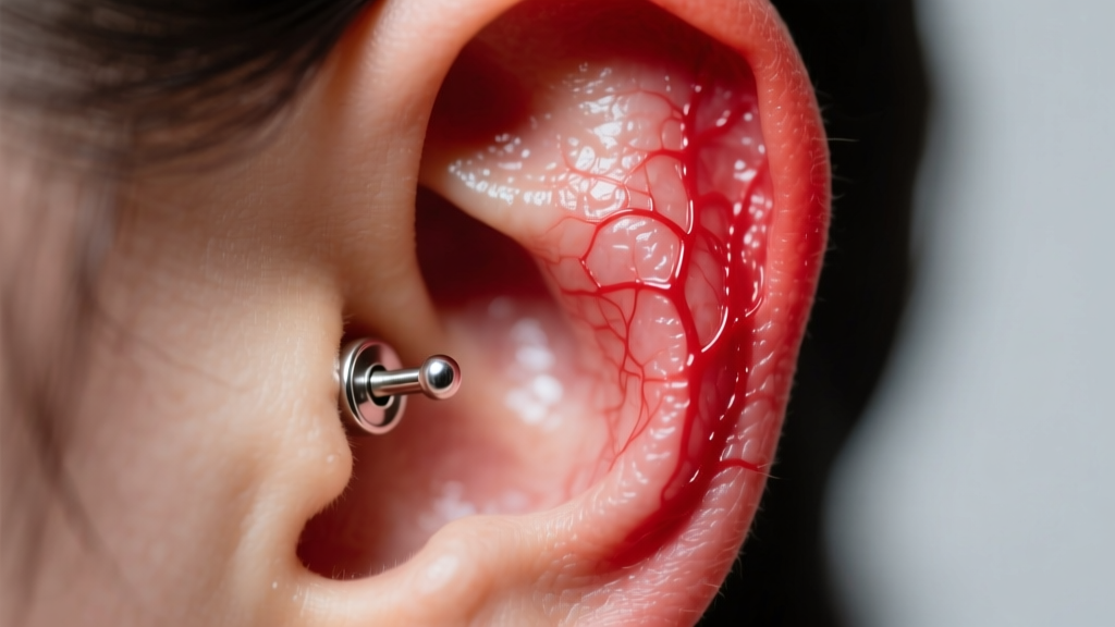 Close-up of an inflamed red earlobe surrounding a silver earring post, showing swollen tissue under soft clinical studio lighting.