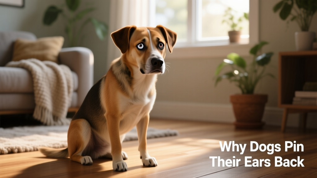 Dog sitting low to the ground, ears pinned back, eyes wide with visible whites, and body angled away from camera