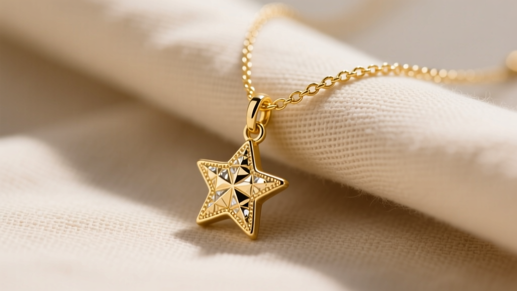 Macro shot of a 14k solid gold dainty charm necklace on beige linen, showing a tiny star charm and 0.9mm cable chain