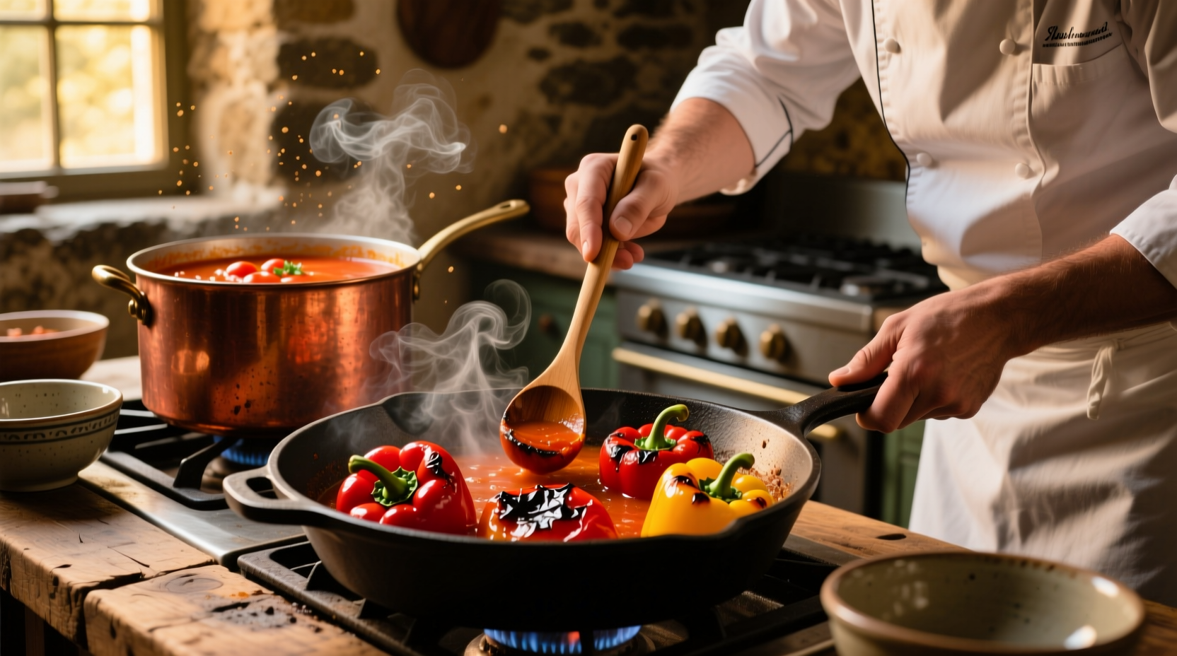 Chef roasting peppers for tomato soup