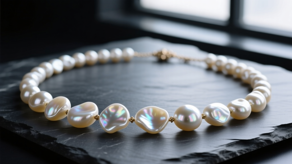 A draped baroque pearl necklace featuring irregular, asymmetrical freshwater pearls with high luster, resting on dark slate