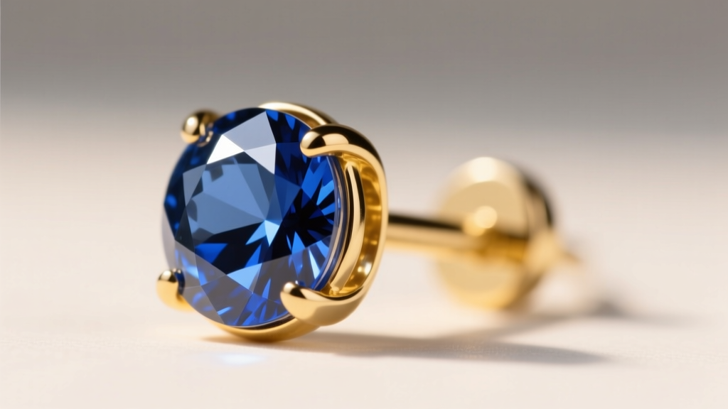 Close-up of a bezel-set blue sapphire earring stud in 14k yellow gold, highlighting facet reflections against a blurred background.