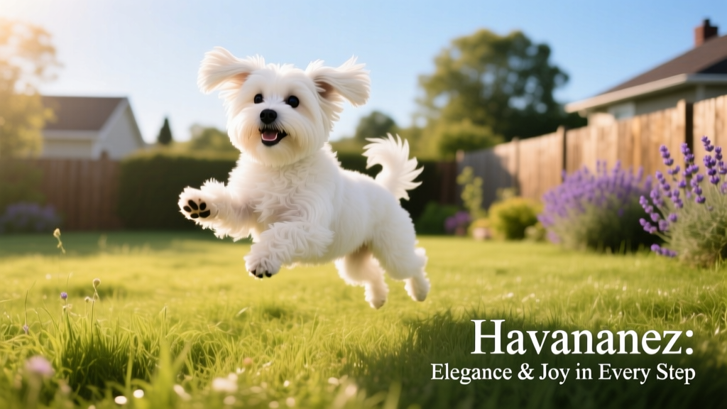 A white Havanese dog frolicking in the grass