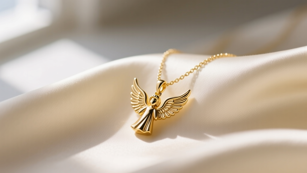 Close-up of a delicate 14k gold angel pendant necklace on cream silk fabric, soft natural window light highlighting the wings.