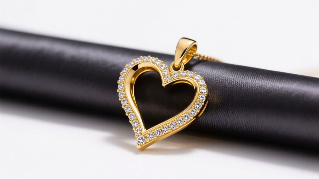 18k yellow gold asymmetric heart pendant with pave melee diamonds resting on dark charcoal silk fabric in soft studio lighting.