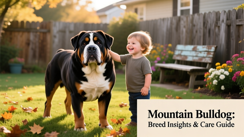 An adult Mountain Bulldog standing calmly beside a smiling child in a backyard, showcasing its confident yet gentle demeanor