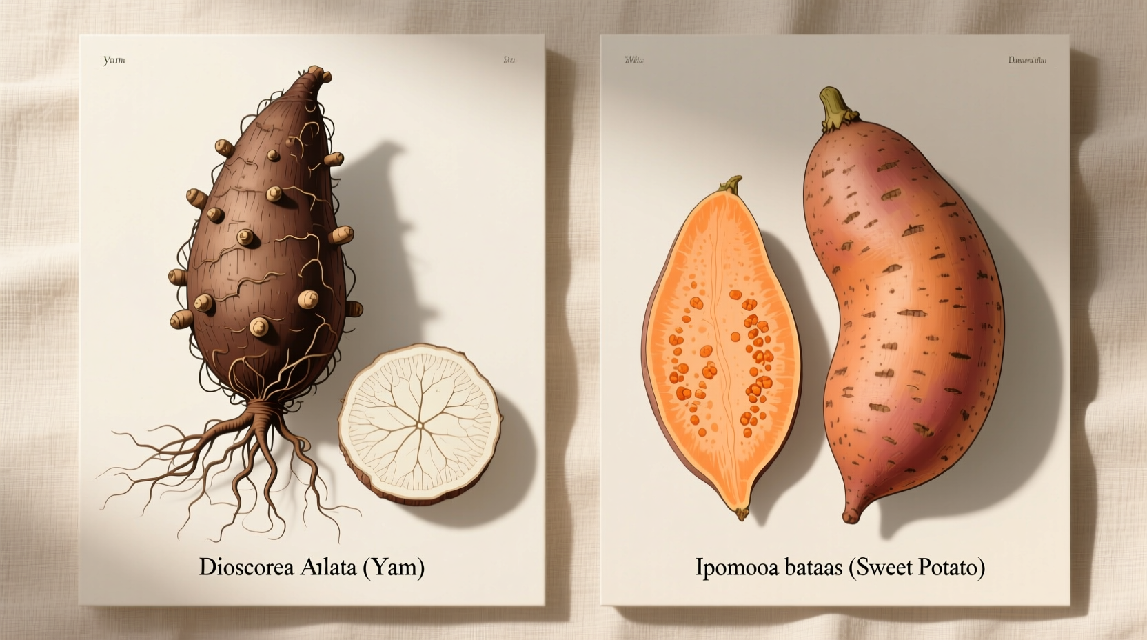 Side-by-side comparison of yam and sweet potato varieties