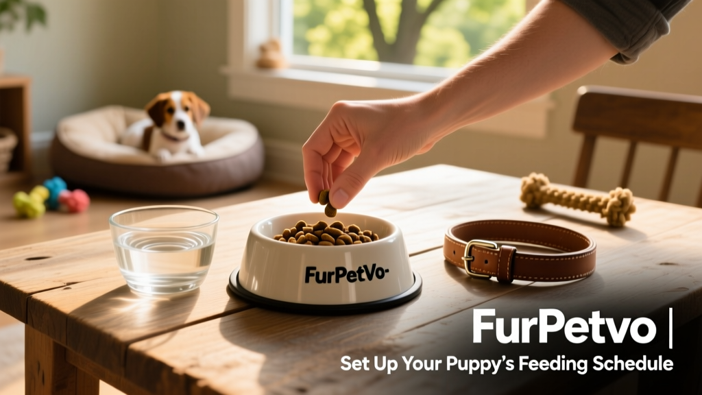 A hand placing measured kibble into a FurPetVo branded bowl next to a water dish, with a gentle leash and collar visible nearby