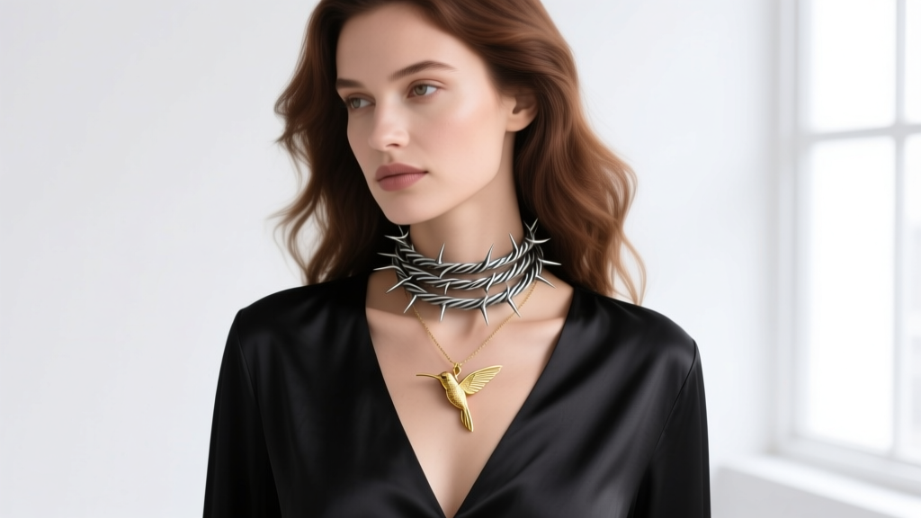 Woman in a black V-neck silk blouse, showcasing a layered oxidized silver thorn choker and a delicate gold hummingbird pendant.