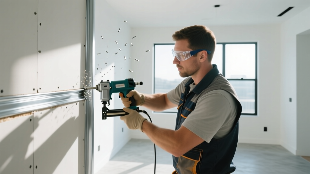 Contractor installing galvanized steel corner bead trim on newly hung gypsum board using a pneumatic stapler in a bright room.
