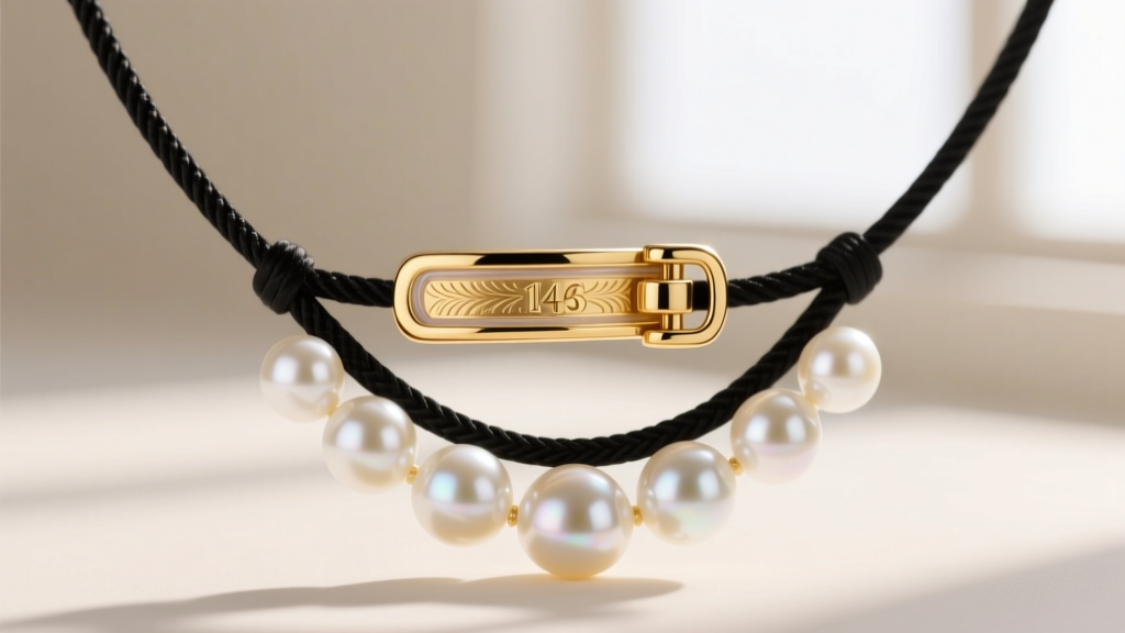 Macro shot of a 14k gold silicone-lined slide clasp gripping a 0.8mm black silk cord on a freshwater pearl lariat tie necklace