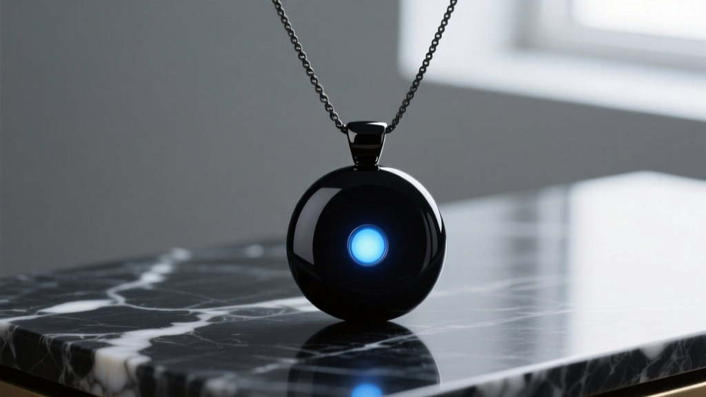 Matte black zirconia ceramic smart pendant necklace resting on dark marble, glowing with a subtle blue LED indicator light