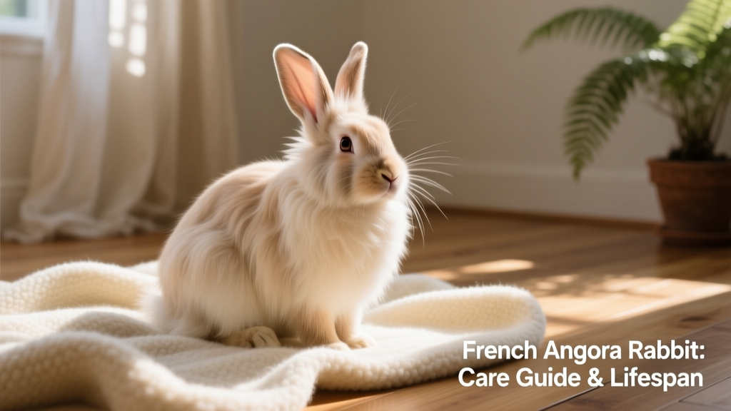 A calm French Angora rabbit sitting on a soft blanket, showcasing its smooth, silky wool and distinctive hairless face