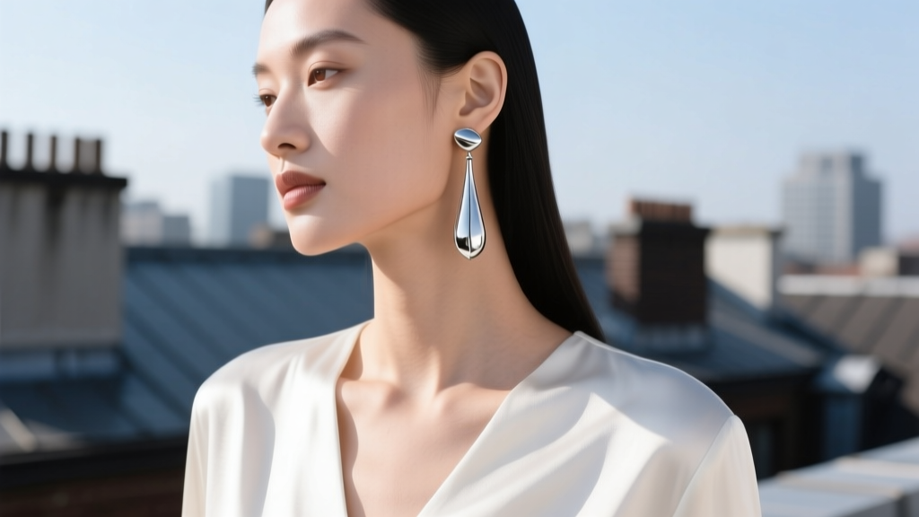 Model wearing a silver Dorsey earring with a silk V-neck blouse, showing the drop length against her jawline in bright daylight