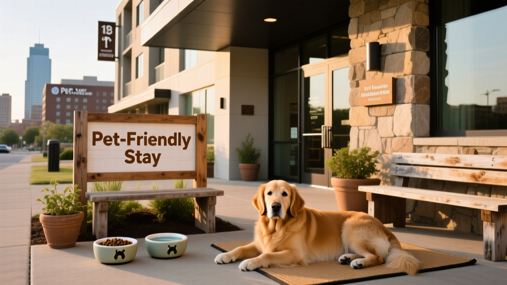 Modern hotel exterior with a pet-friendly sign and a small outdoor seating area with dog bowls