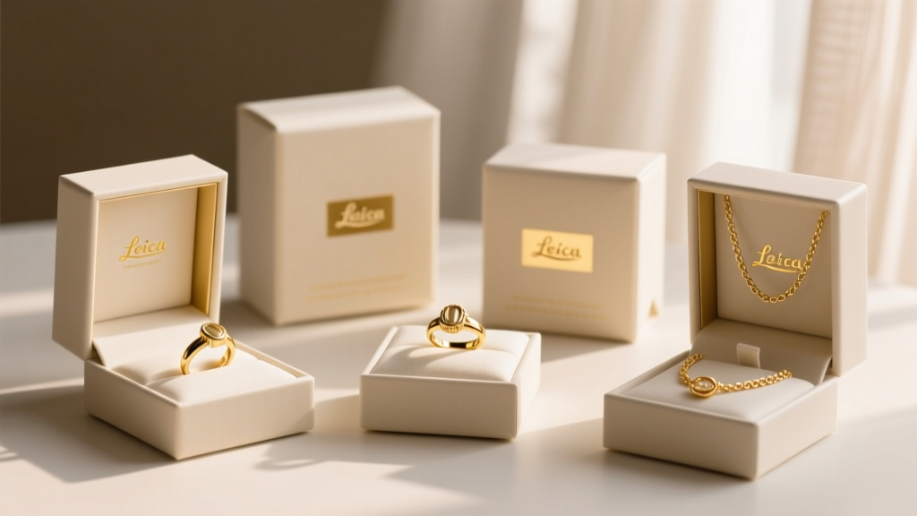 Wholesale boxes displaying gold vermeil rings and gold plated chains under soft studio lighting for a luxury gift guide aesthetic.