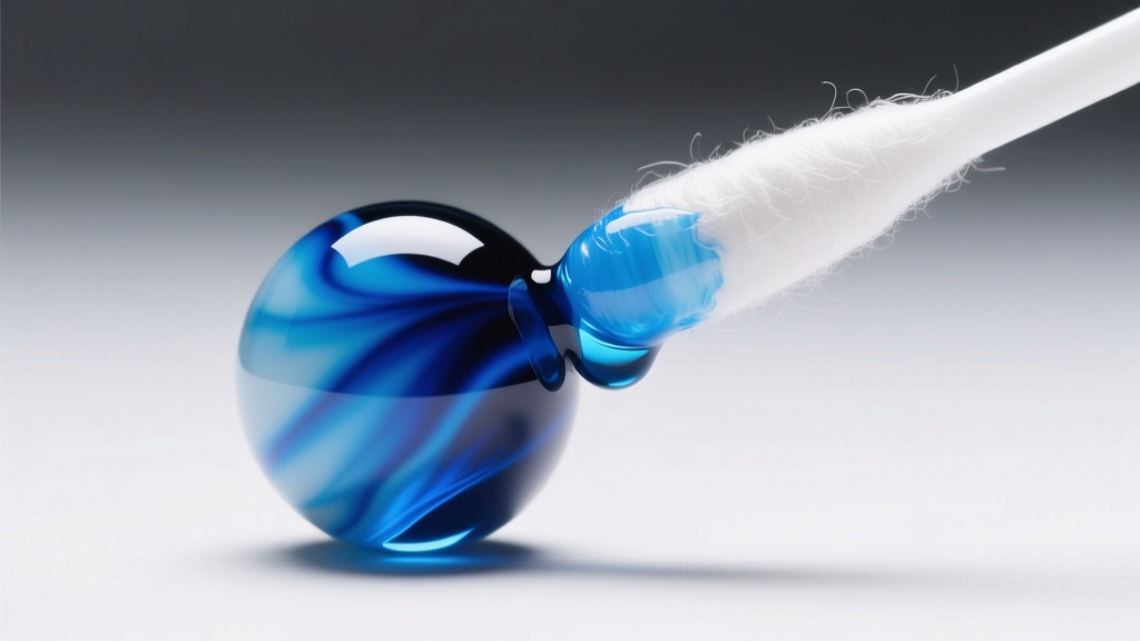 A cotton swab applying acetone to a dyed bead, revealing blue dye transfer on the white tip under bright studio lighting.