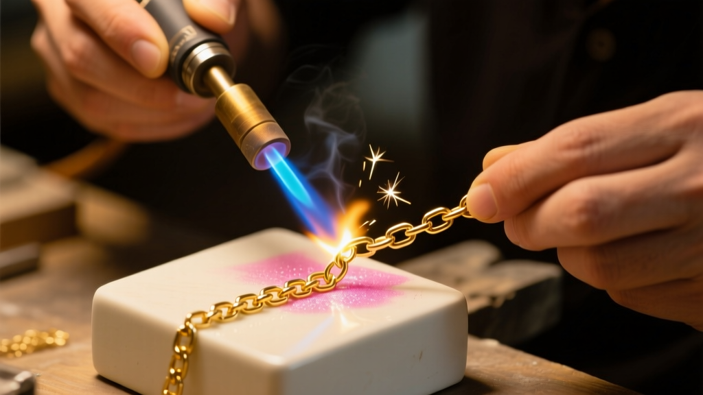 Jeweler using a micro-torch to solder a broken 14k gold chain link on a ceramic block under warm workshop lighting with pink flux