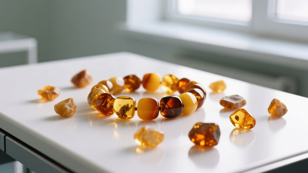 Macro photo of raw, unpolished Baltic amber beads in warm honey tones, resting on a sterile white medical examination table surface.