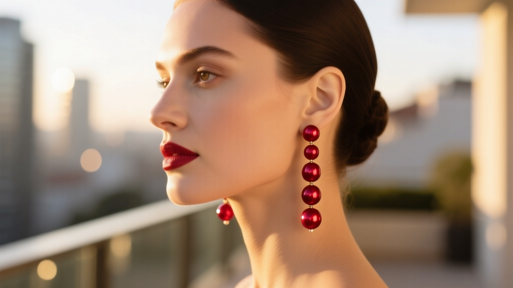 Side profile of a woman wearing long ruby pearl dangle earrings framing an oval face, photographed in warm golden hour light