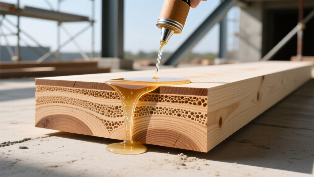 Cross-section of a cross-laminated timber panel being coated with a clear penetrating borate preservative on a modern construction site