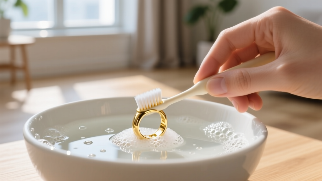 Hands cleaning a gold-filled ring with soft toothbrush in a ceramic bowl of soapy water, illuminated by bright natural window light
