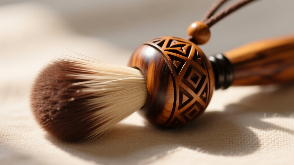 Close-up of a soft goat-hair makeup brush gently dusting the intricate carved grooves of an antique olive wood pendant bead.