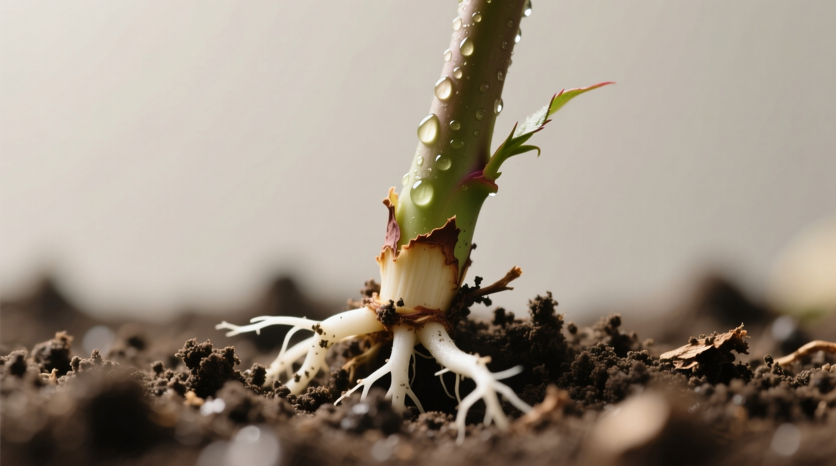 Summer propagation timing: rose cutting in gritty mix showing callus formation before seasonal rooting window closes