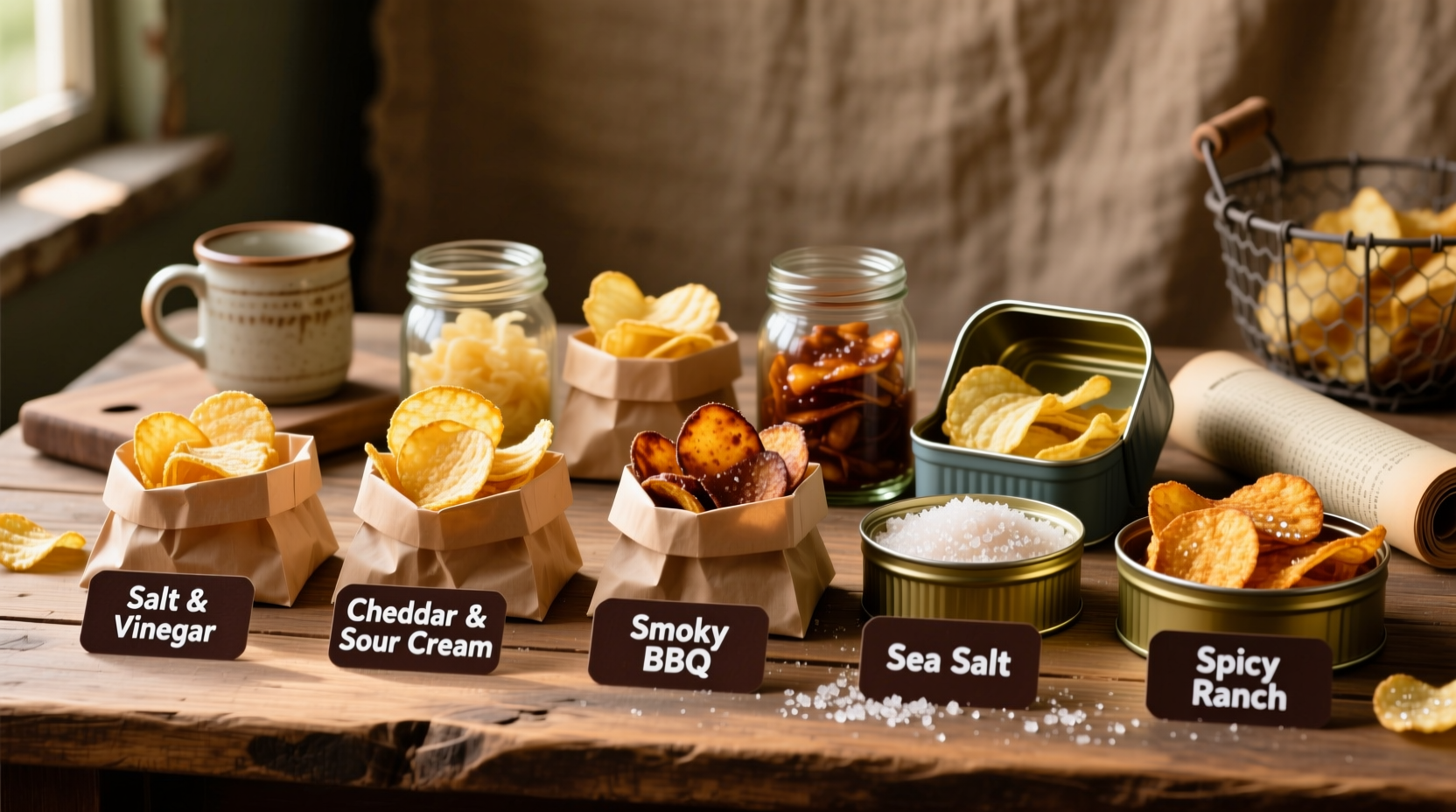 Assortment of potato crisps in various flavors