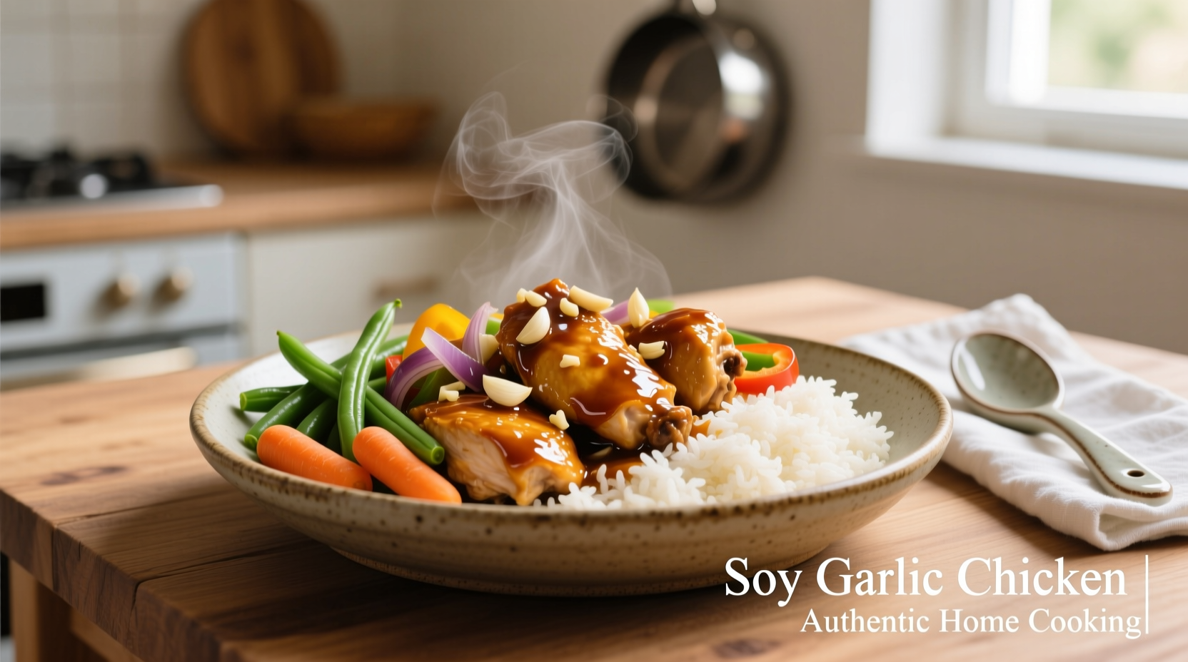 Golden garlic soy chicken with rice and vegetables