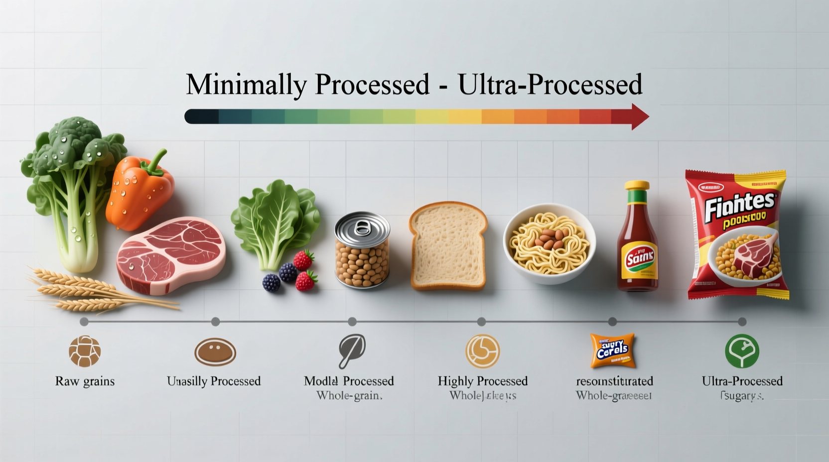 Processed foods spectrum from minimally to ultra-processed