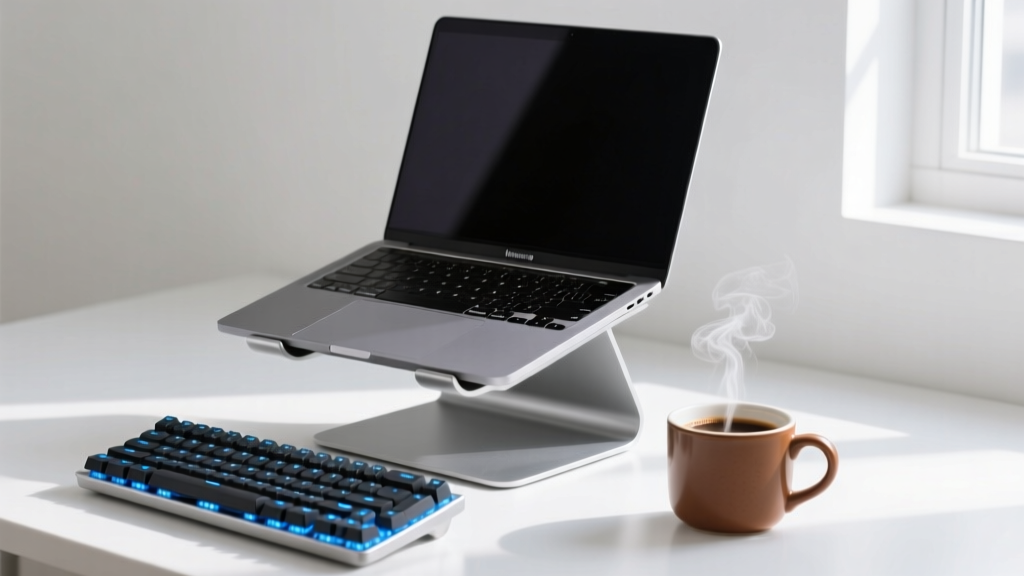 Minimalist aluminum laptop stand elevating a space gray MacBook to eye level, next to a mechanical keyboard and a steaming coffee mug.
