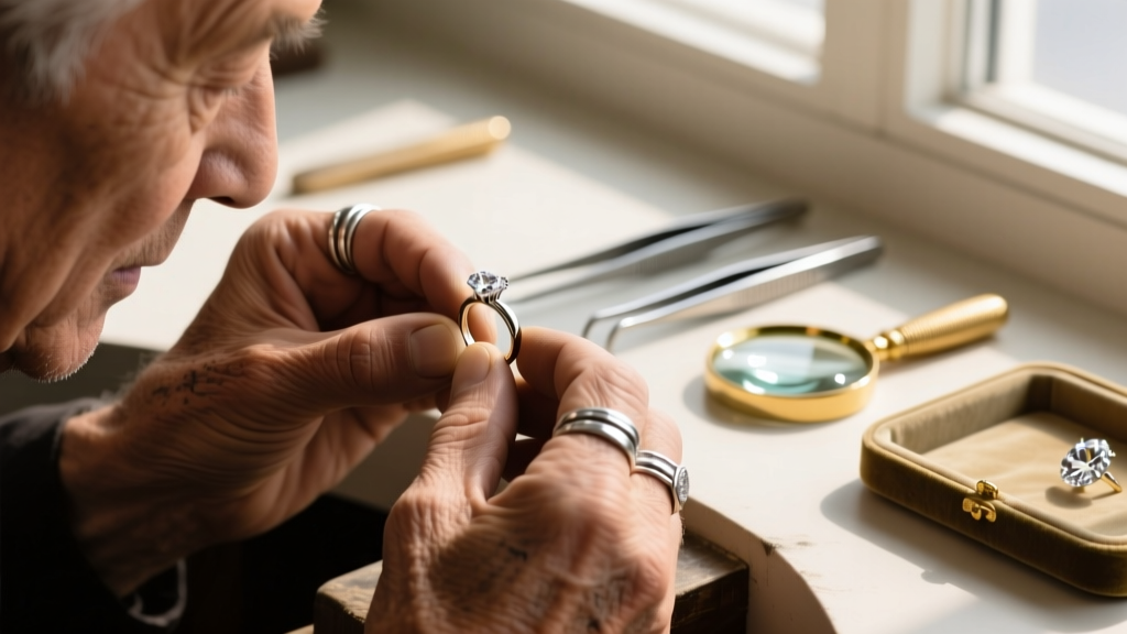 Close-up of a jeweler's loupe examining a loose prong holding a cloudy cubic zirconia stone in an 18k gold huggie earring