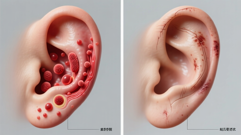 Medical diagram showing the visual difference between a bacterial infection and a mechanical irritation bump on a swollen earlobe.