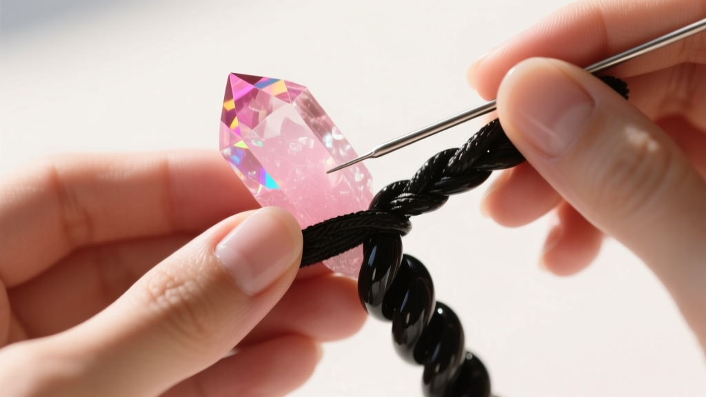Close-up of hands threading a large faceted pink rock candy crystal onto a thick black licorice lace using a food-safe needle