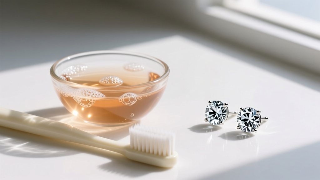 A small glass bowl of warm soapy water and a soft-bristled toothbrush sitting next to a pair of sparkling diamond stud earrings.