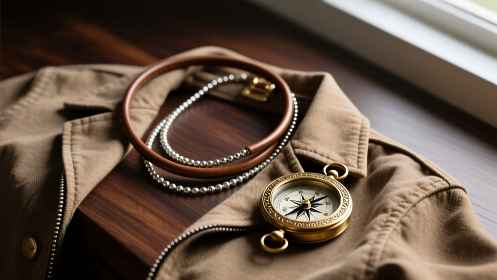 Flat lay of a leather cord necklace layered with a silver bead chain, alongside a canvas jacket and brass compass on dark wood