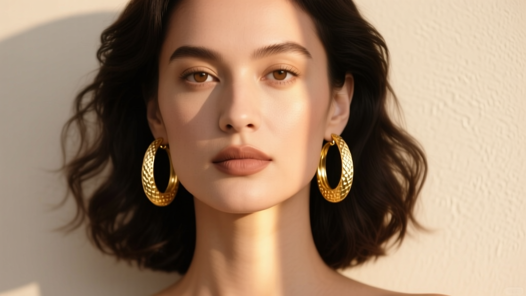 Woman wearing 18k solid gold dangling hoop earrings with a hammered texture resting elegantly against her jawline in warm light.